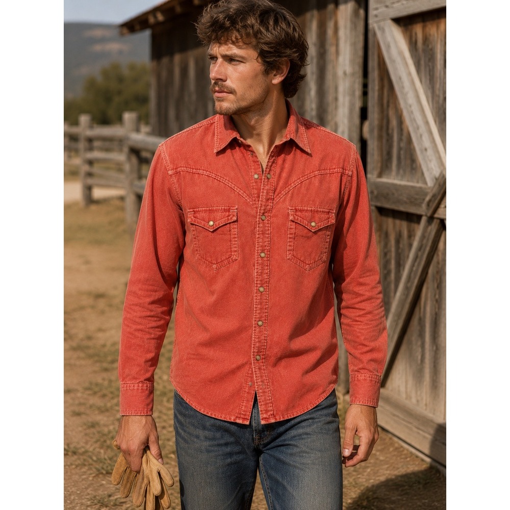 Ryan Michael Linen Cotton Herringbone Western Snap Front Shirt Sienna Orange L